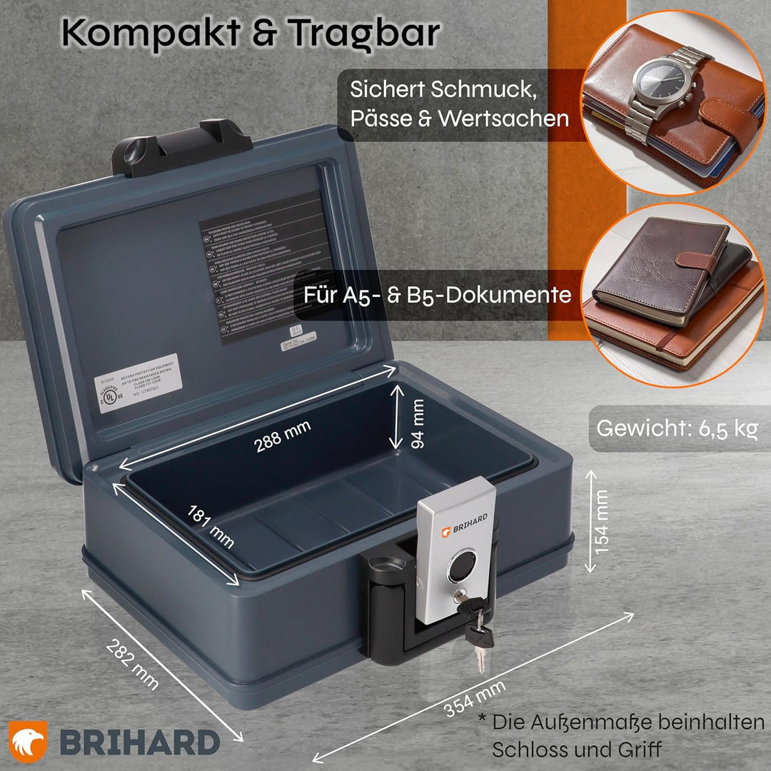Brihard zertifizierte Dokumentenkassette 2013, A5 - wasserdichte & feuerfeste Dokumentenbox mit Schl