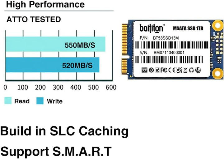 BAITITON 1TB MSATA Interne SSD Solid State Drive Hochgeschwindigkeits-Datenübertragung, 1TB MSATA
