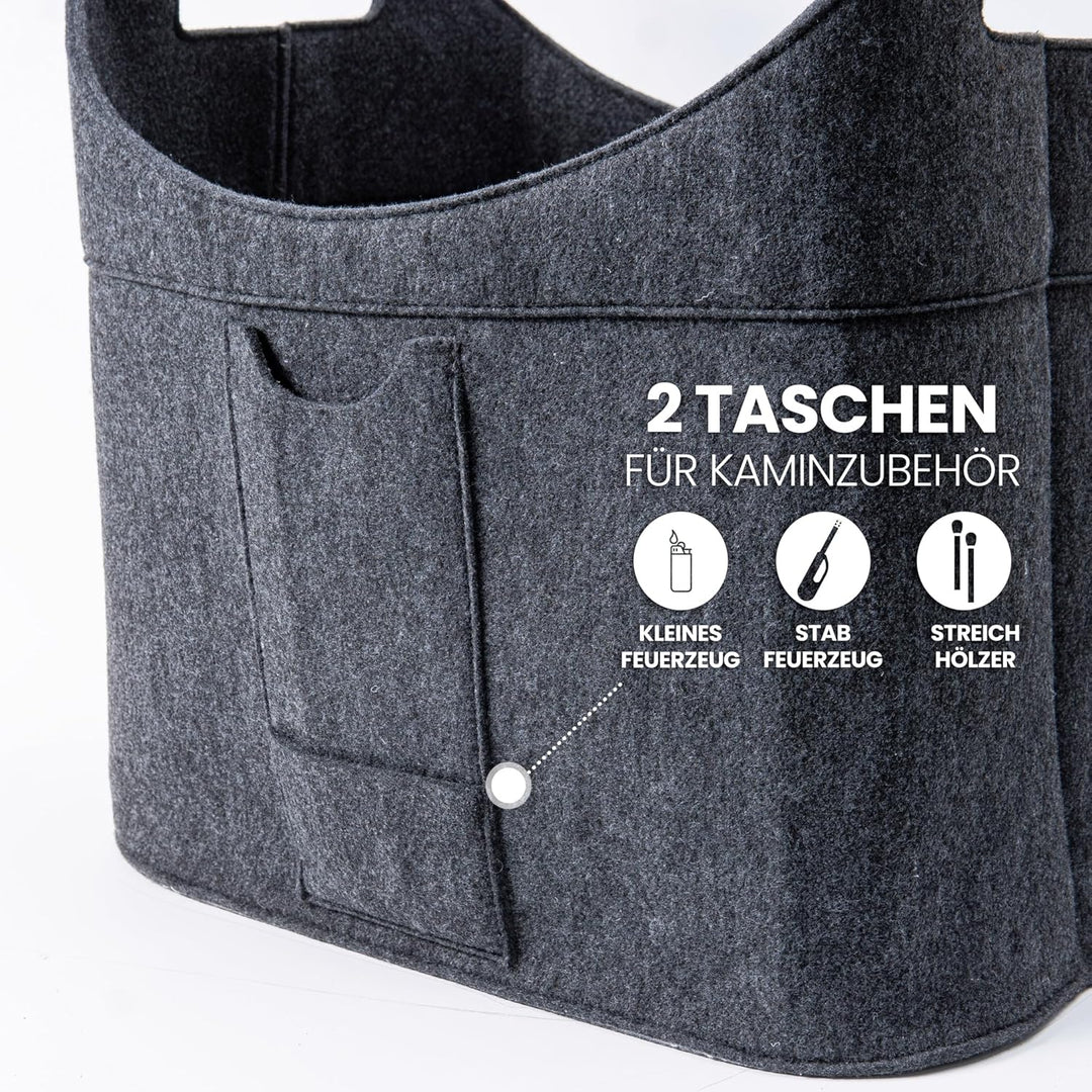 Filz Holzkorb für Kaminholz Gross [40 L] mit Echtholzhenkeln (Eiche) Plegeleichter Boden - Made in G