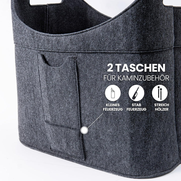 Filz Holzkorb für Kaminholz Gross [40 L] mit Echtholzhenkeln (Eiche) Plegeleichter Boden - Made in G