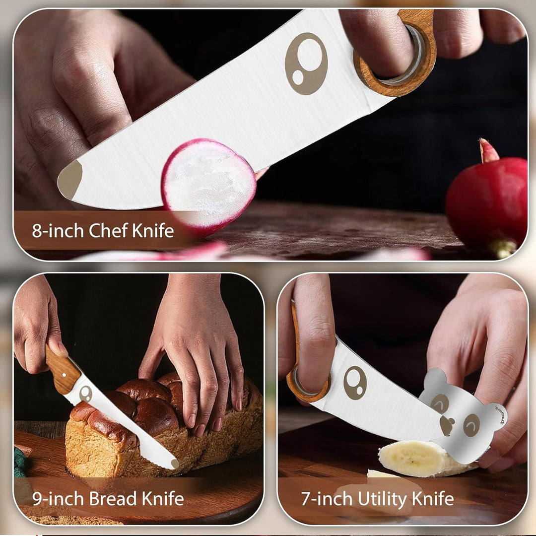 Kindermesserset für echtes Kochen mit pädagogischem Ring und gezackter Klinge und Panda-Fingerschutz