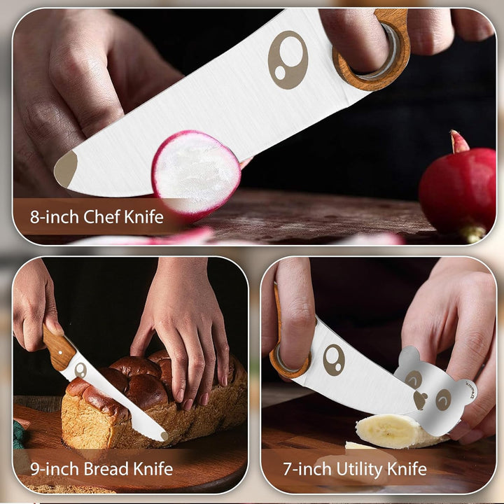 Kindermesserset für echtes Kochen mit pädagogischem Ring und gezackter Klinge und Panda-Fingerschutz