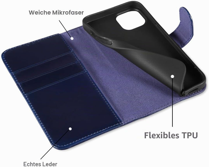LENSUN Lederhülle für iPhone 13, Schutzhülle Echtleder Handyhülle [Wallet Fach][RFID Schutz][Echtes