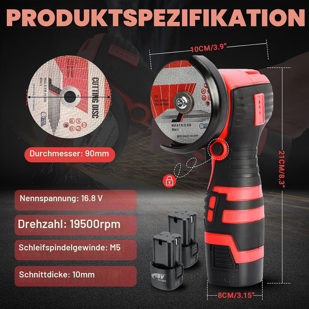 Mini Winkelschleifer, 16.8V Professional Winkelschleifer Set mit 2 Batterien 2000mAh, Trennschleifer