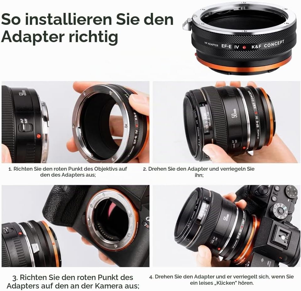 K&amp;F Concept Lens Mount Adapter EOS-NEX IV IV Manueller Fokus Kompatibel mit Canon (EF/EF-S) Objektiv