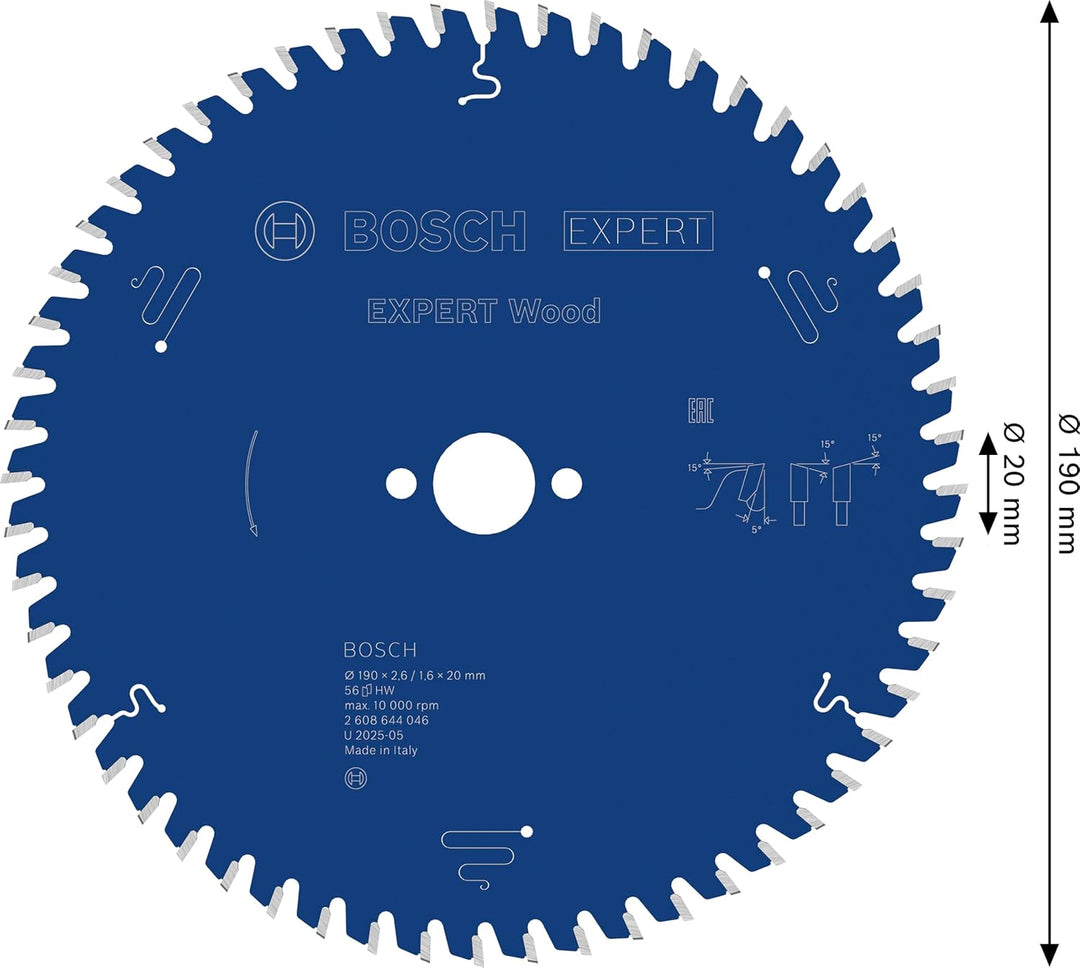 Bosch Professional 1x Kreissägeblatt Expert for Wood (Holz, Sägeblatt Ø 190 x 20 x 2,6 mm, 56 Zähne,
