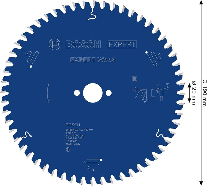 Bosch Professional 1x Kreissägeblatt Expert for Wood (Holz, Sägeblatt Ø 190 x 20 x 2,6 mm, 56 Zähne,
