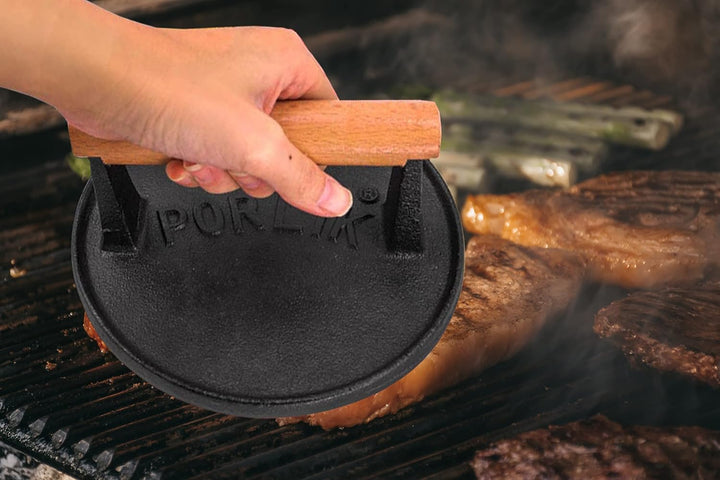 porlik Burgerpresse Gusseisen,Gro?er Burger Smasher (17.7cm) mit hitzeabweisendem Griff,Burger Press