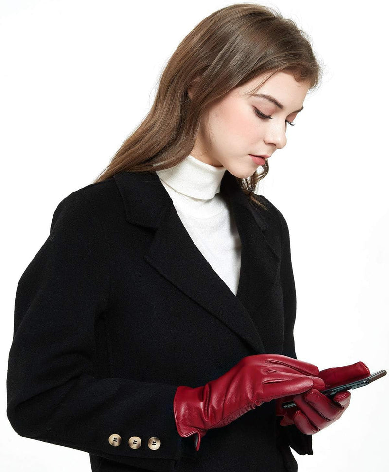 ZLUXURQ Damen Weiche Echte Lammfell Leder Touchscreen Winter Fahrhandschuhe Kaschmir Oder Wolle gefü