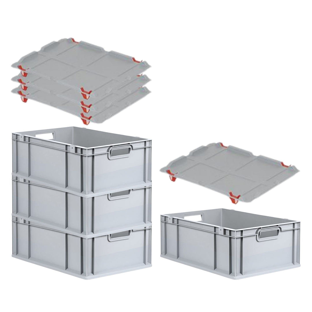 SuperSparSet 4x Eurobox NextGen Grip mit Auflagedeckel & 4 roten Schiebeschnappverschlüssen, HxBxT 2
