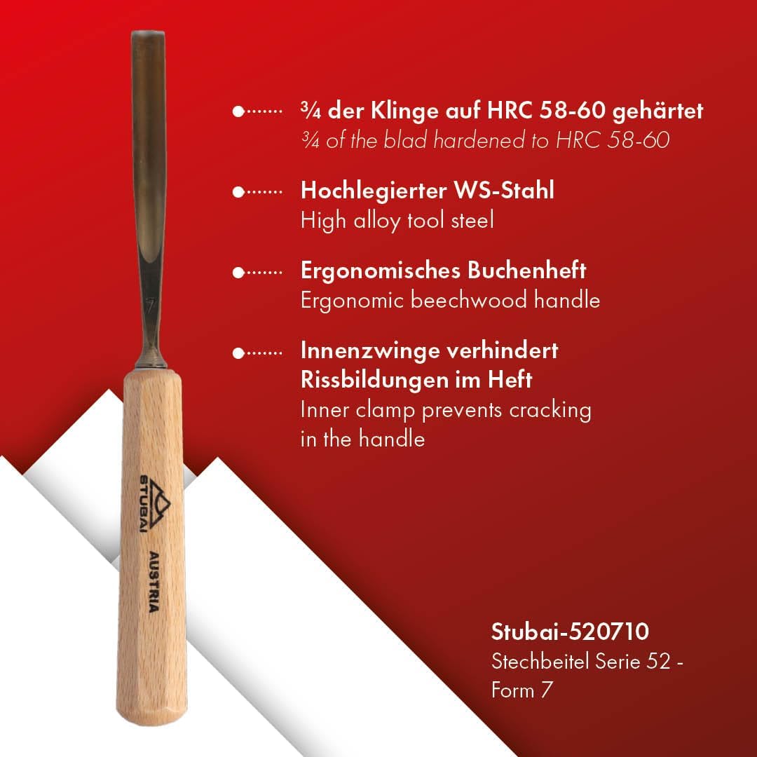 STUBAI Schnitzersatz 5-tlg. | Gerades Balleisen 20 mm, Flacheisen 16 mm, Hohleisen 10 mm, gekröpftes