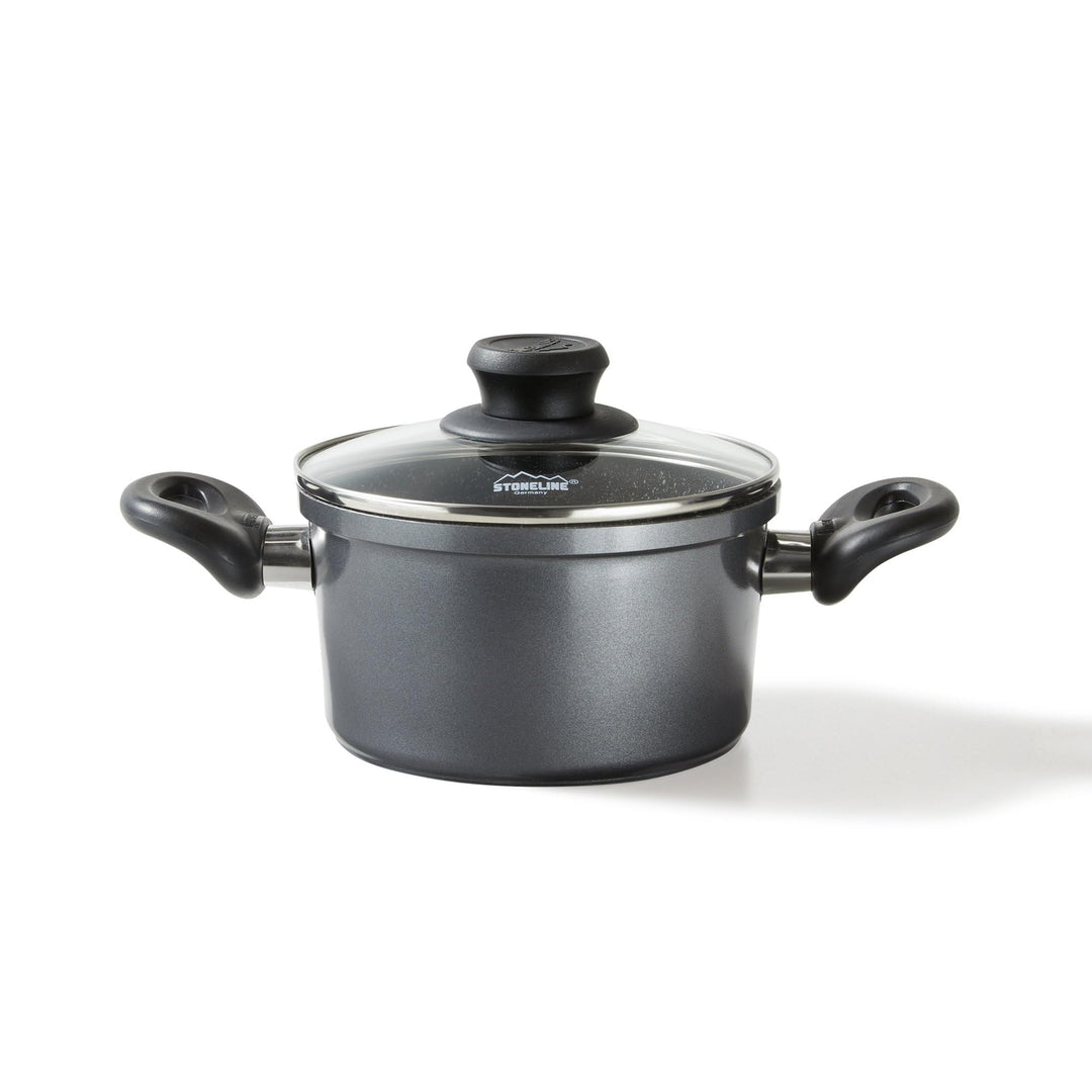 Stoneline Kochtopf 18 cm, mit Deckel, Induktion, Aluguss, beschichtet mit echten Steinpartikeln, gra