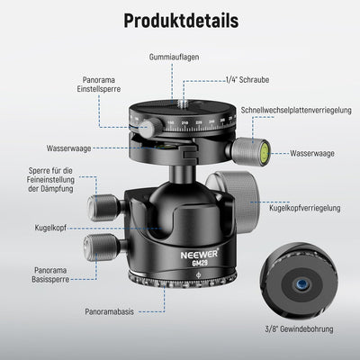 NEEWER Stativkopf mit niedrigem Profil, Kugelkopf mit niedrigem Schwerpunkt, Dämpfung, doppelte 360°