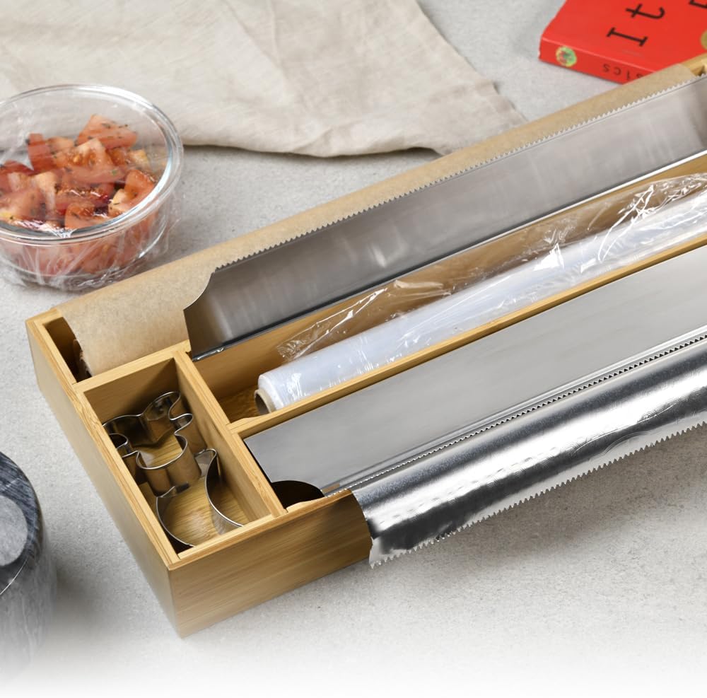 Kesper Folienspender aus FSC-zertifiziertem Bambus – 3-in-1 Organizer für Alufolie, Frischhaltefolie