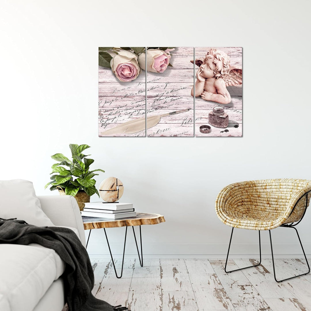 Runa Art Wandbilder Engel Blumen Bild XXL Wohnzimmer Schlafzimmer Rosa Grau Vintage 120 x 80 cm 3 Te