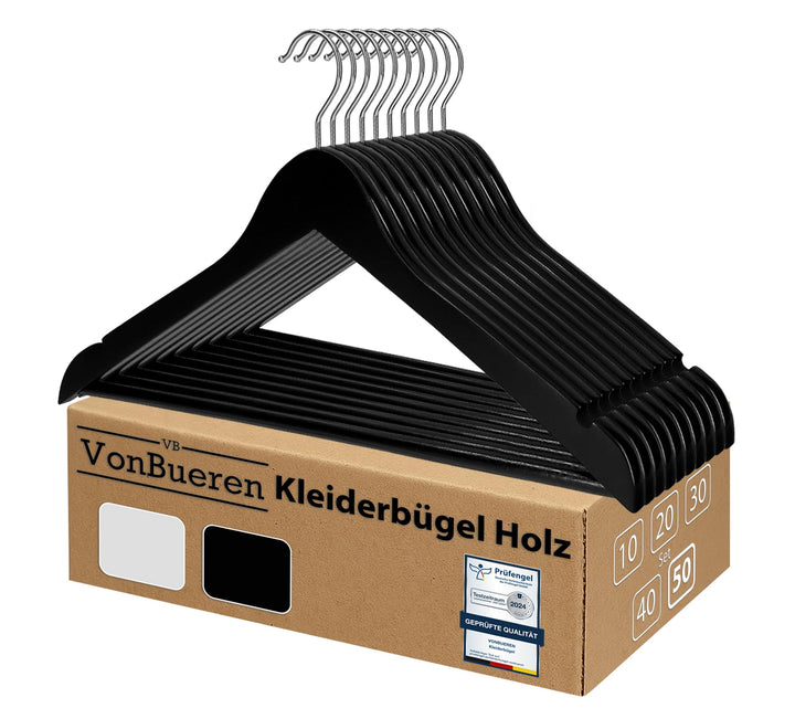 50 x Kleiderbügel Holz schwarz VonBueren | 44,5 x 22 cm je Bügel/Holzbügel | Holzkleiderbügel schwar
