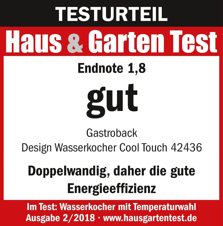 Gastroback 42436 Design Wasserkocher Cool Touch, doppelwandiger Edelstahl-Behälter 1,5 Liter, 2.200