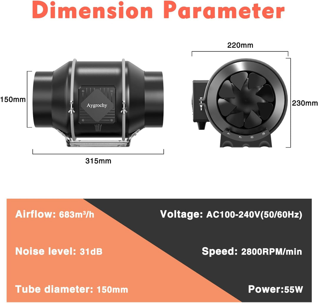 Aygrochy Regelbar Rohrventilator 150mm mit abluftschlauch, Drehstrom EC Motor Abluftventilator für H