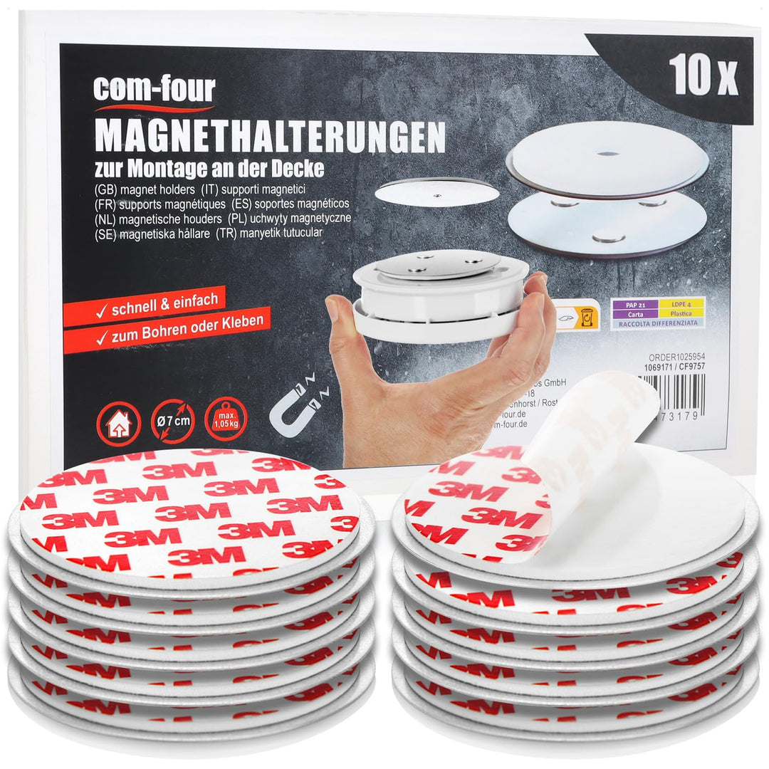com-four® 10x Magnethalterung für Sicherheitsmelder - Halterung zum Kleben oder Bohren - Befestigung