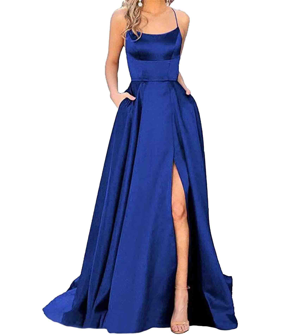 xxxiticat Damen Elegant Lange Ballkleider mit Taschen Satin A-Linie Backless Hochzeitskleid Abendkle