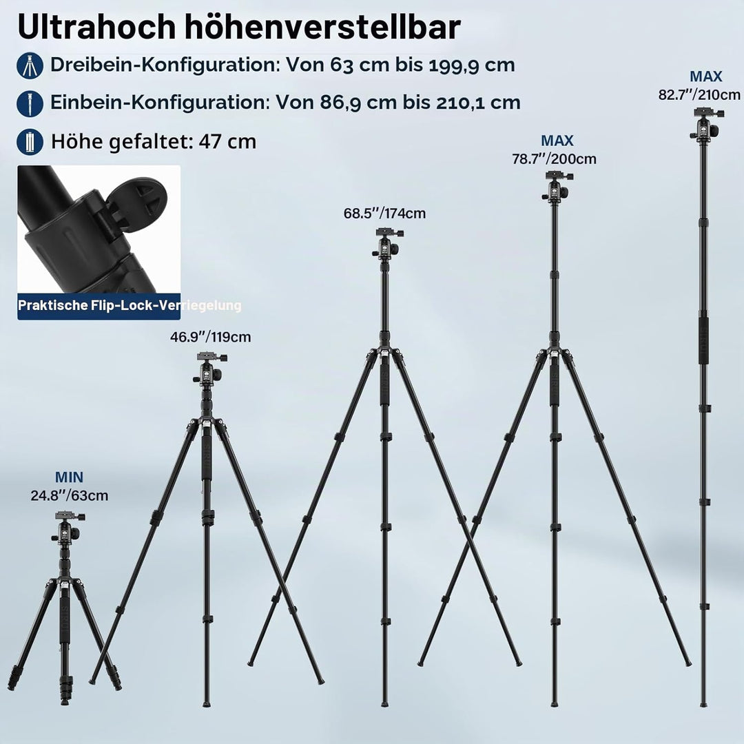 SIRUI APT-02 Stativ Kamera Einbeinstativ 2-in-1, 200 cm höhenverstellbar, mit 360° Kugelkopf, max. T