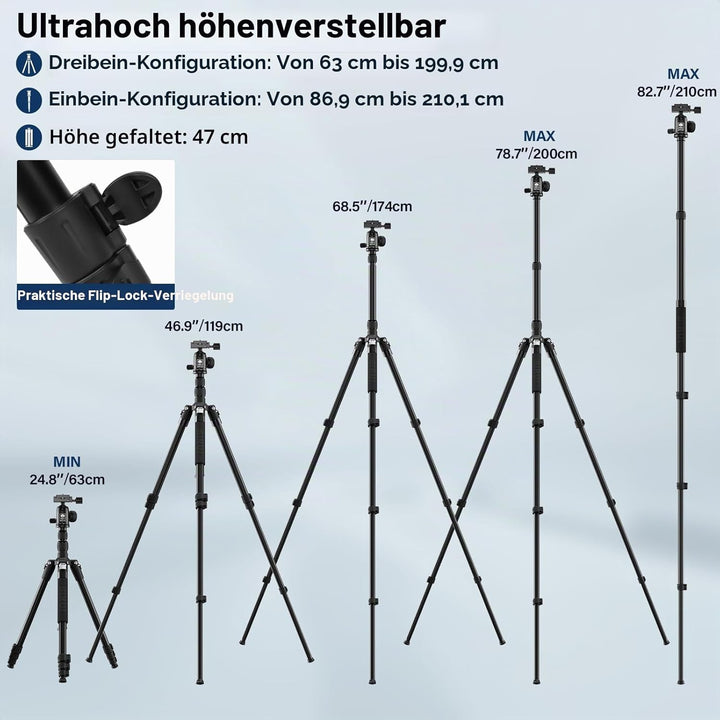 SIRUI APT-02 Stativ Kamera Einbeinstativ 2-in-1, 200 cm höhenverstellbar, mit 360° Kugelkopf, max. T
