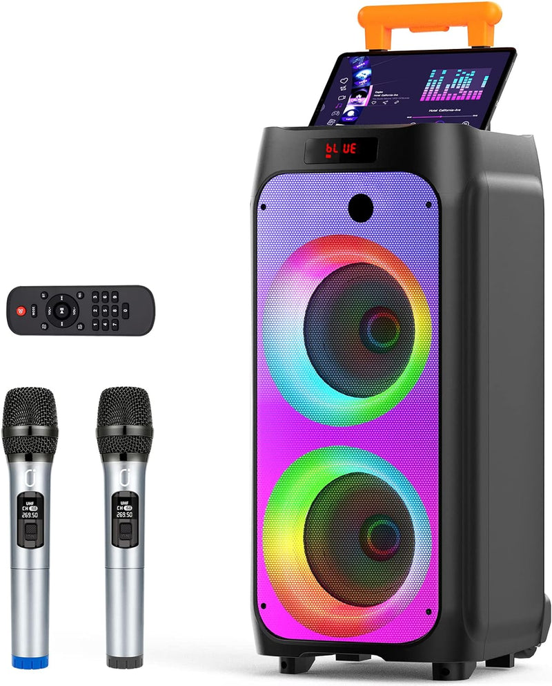 JYX Karaoke Anlage mit 2 drahtlosen Mikrofonen, Grosser Karaoke Lautsprecher Bluetooth mit Rädern un