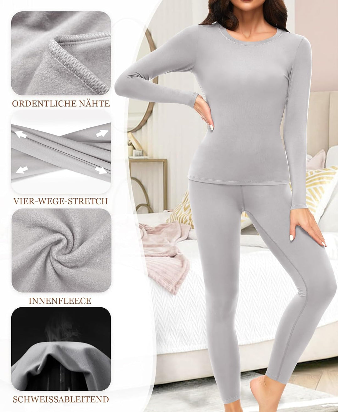 Ganado Thermounterwäsche Set Damen Innenfleece Thermowäsche Thermo Oberteil und Thermohose Leggings
