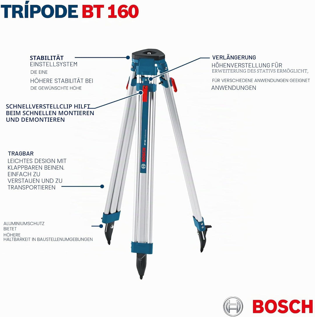 Bosch Professional Baustativ für Laser und Nivelliergeräte BT 160 (Höhe: 97–160 cm, Gewinde: 5/8 Zol