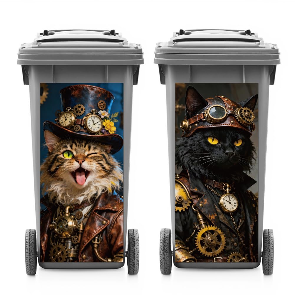 ANATTASOUL Mülleimer Aufkleber, 2 Blätter Mülltonnen Aufkleber 38×82cm Steampunk Katze Selbstklebend