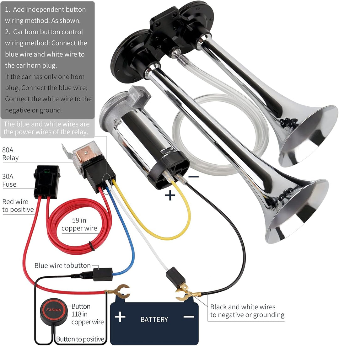 FARBIN Auto Horn 12V 150db Super Loud Air Horn, Chrom Zink Dual Trompete Air Horn, LKW Horn mit Komp
