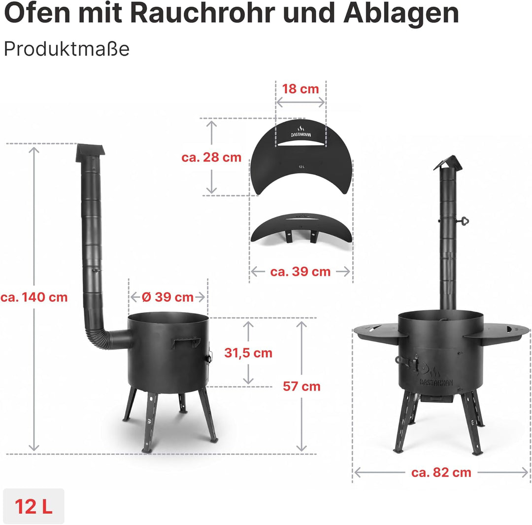Premium Komplettset Uchag 2mm Stahl 15L Gusseisen Kazan Gusseisendeckel | Utschak Feldküche Feuerste
