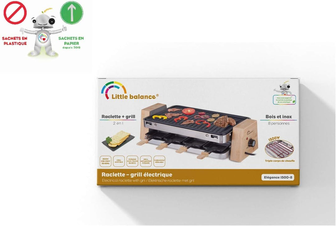 LITTLE BALANCE 8388 Grill Wood 8 Elektrischer Raclette, 1500, Holz/Edelstahl