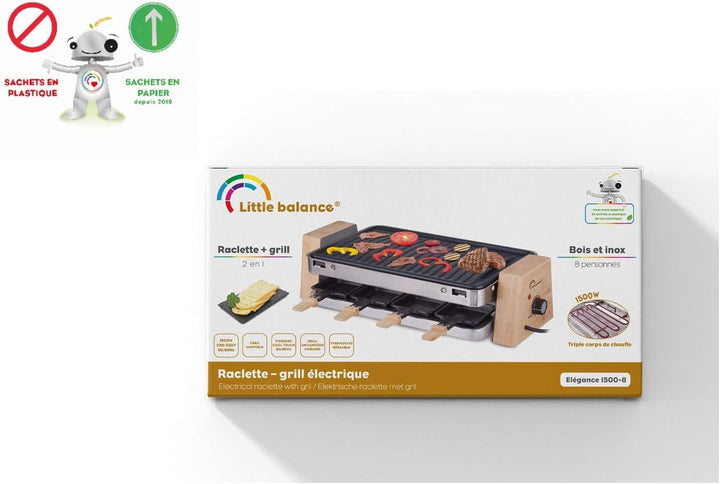 LITTLE BALANCE 8388 Grill Wood 8 Elektrischer Raclette, 1500, Holz/Edelstahl