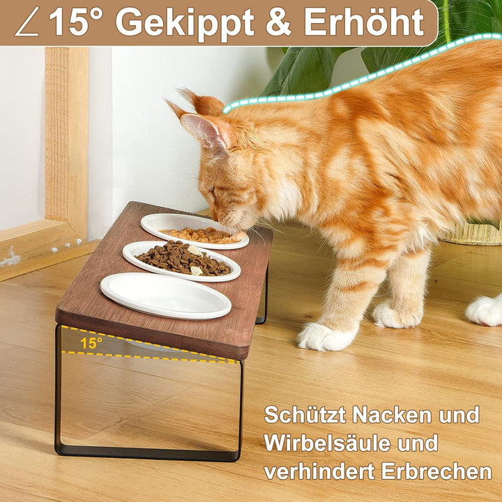 GUUSII HOME Katzennapf Erhöht Futternapf Katze Futterstation, Keramik Napf, Fressnapf 3er Set Holz,