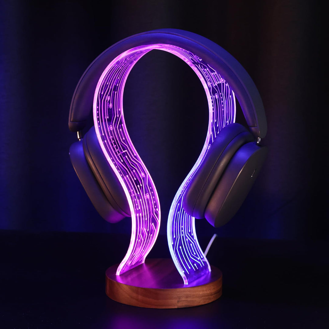 Ammonite Kopfhörerständer - Walnussholz Gaming Schreibtisch Accessoire mit LED-Leuchten, USB-Strom &