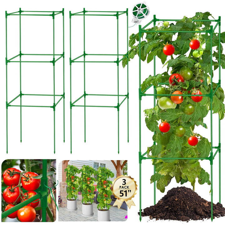 3 Stück Tomatenkäfige Quadratische Tomaten Rankhilfe, 130cm Verstellbar Tomatenturm Rankgitter Mit 5