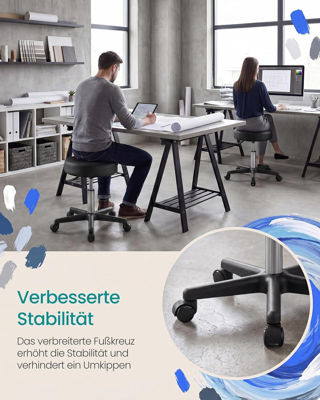 SONGMICS Drehhocker auf Rollen, höhenverstellbarer Rollhocker, 46-58 cm, mit Kunstleder bezogener Si