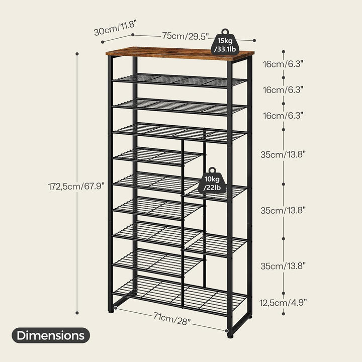 HOOBRO Schuhregal mit 10 Ebenen, Schuhablage für 27-30 Paare, industrielles Schuhregal mit unterschi