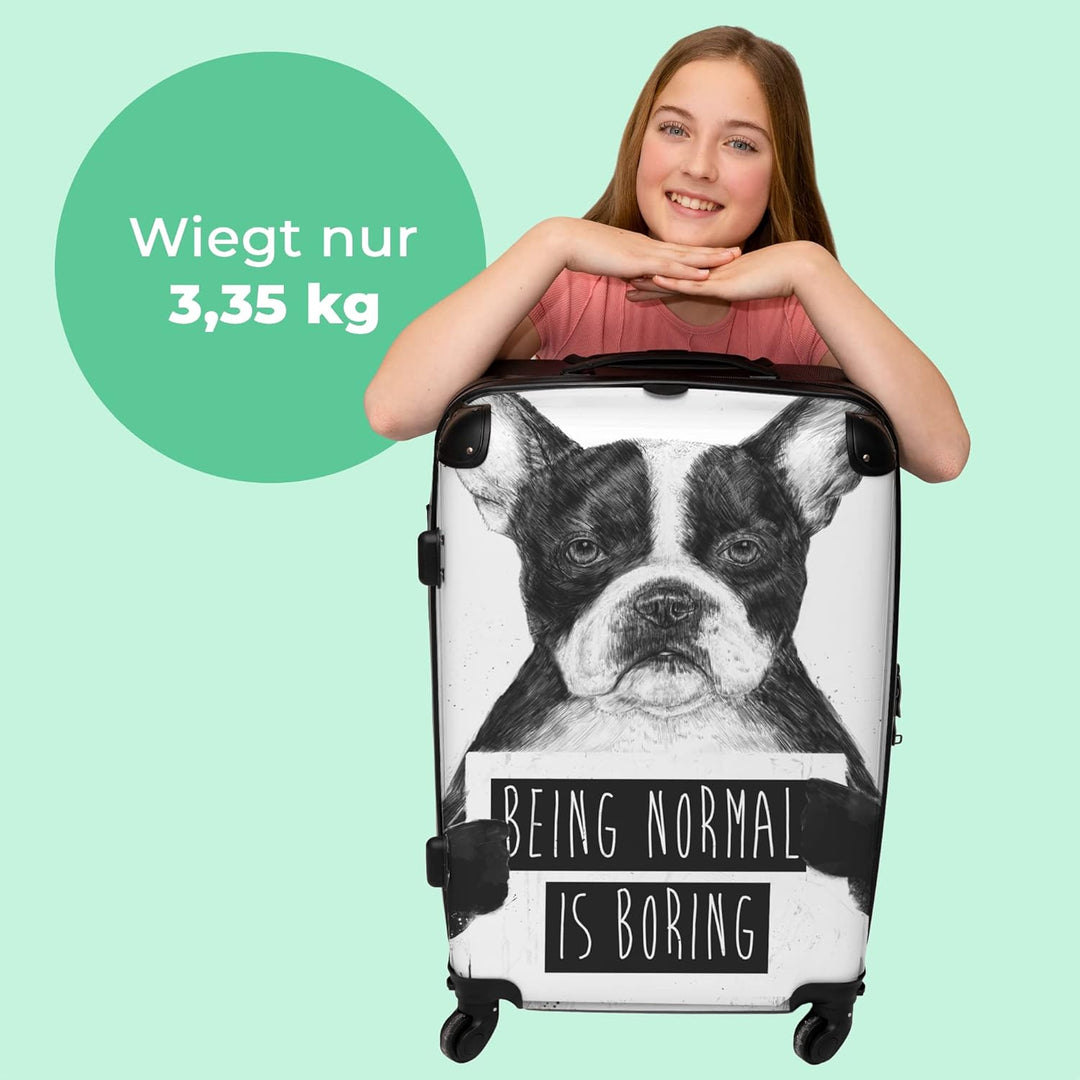 Koffer gross Trolley Rollkoffer Reisekoffer mit 4 Rollen Fotokoffer - Hund - Zeichen - Text - Tiere