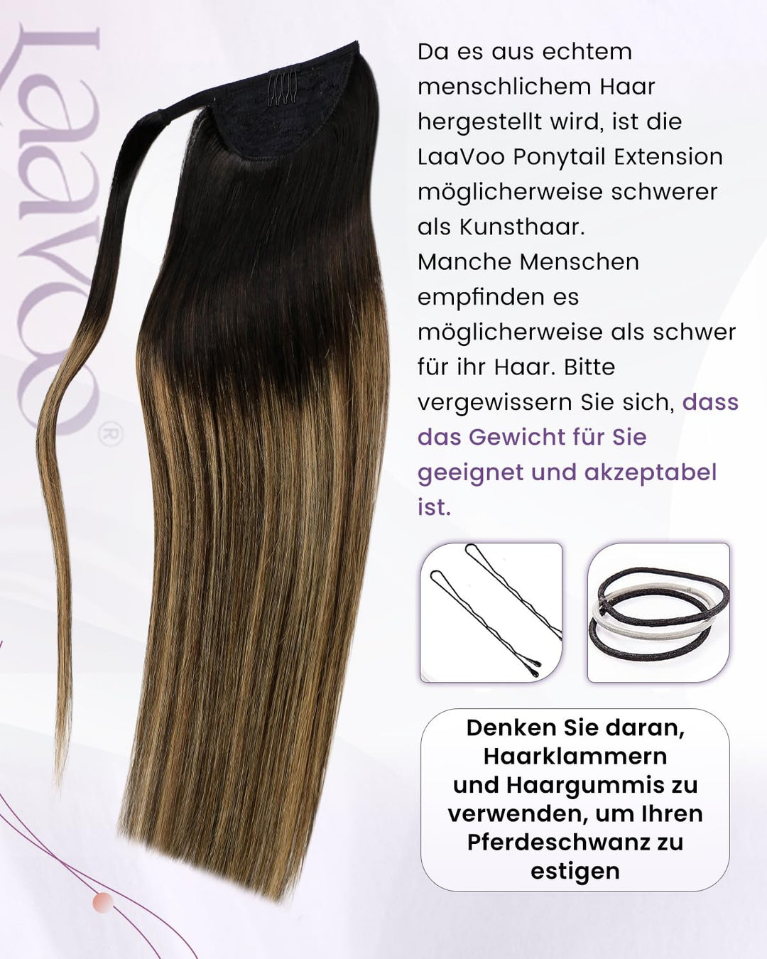LaaVoo Zopf Extensions Echthaar Balayage Schwarz Extensions Pferdeschwanz Haarteil Echthaar Schwarz