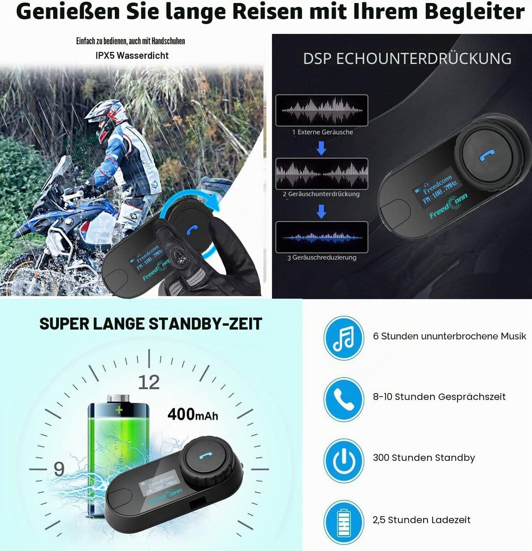 FreedConn TCOM-SC Motorrad Gegensprechanlage Headsets Motorradhelm Intercom Wasserdicht Wireless Int