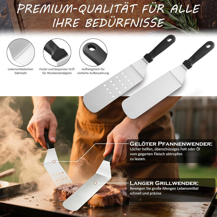 35 Stück Grillspachtel Set aus Edelstahl - Teppanyaki Grillschaufel Set, Smash Burger Set, mit Burge