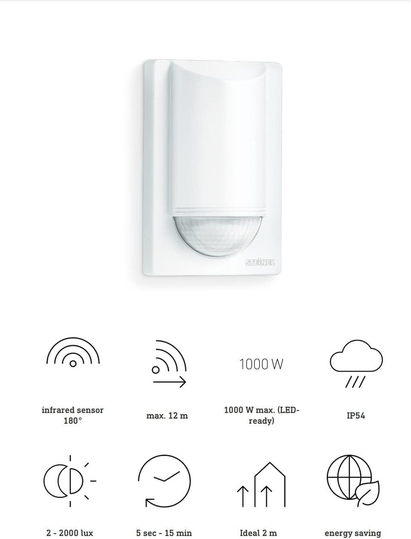 Steinel Infrarot-Bewegungsmelder IS 2180-2 180° Weiss, 12 m Aufputz-Sensor, 1000 W, Unterkriechschut