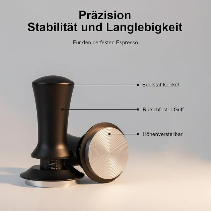 Verstellbarer Kaffee Tamper 58mm mit Federautomatik | Höhenverstellbar bis 12 mm, Rutschfester ergon