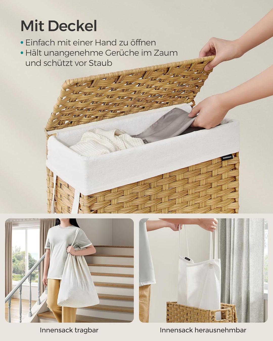 SONGMICS Wäschekorb schmal, Wäschesammler 55 L, Wäschebox aus synthetischem Rattan, mit Deckel und G