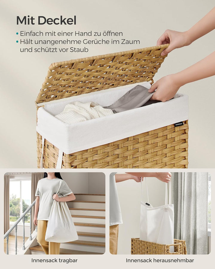 SONGMICS Wäschekorb schmal, Wäschesammler 55 L, Wäschebox aus synthetischem Rattan, mit Deckel und G
