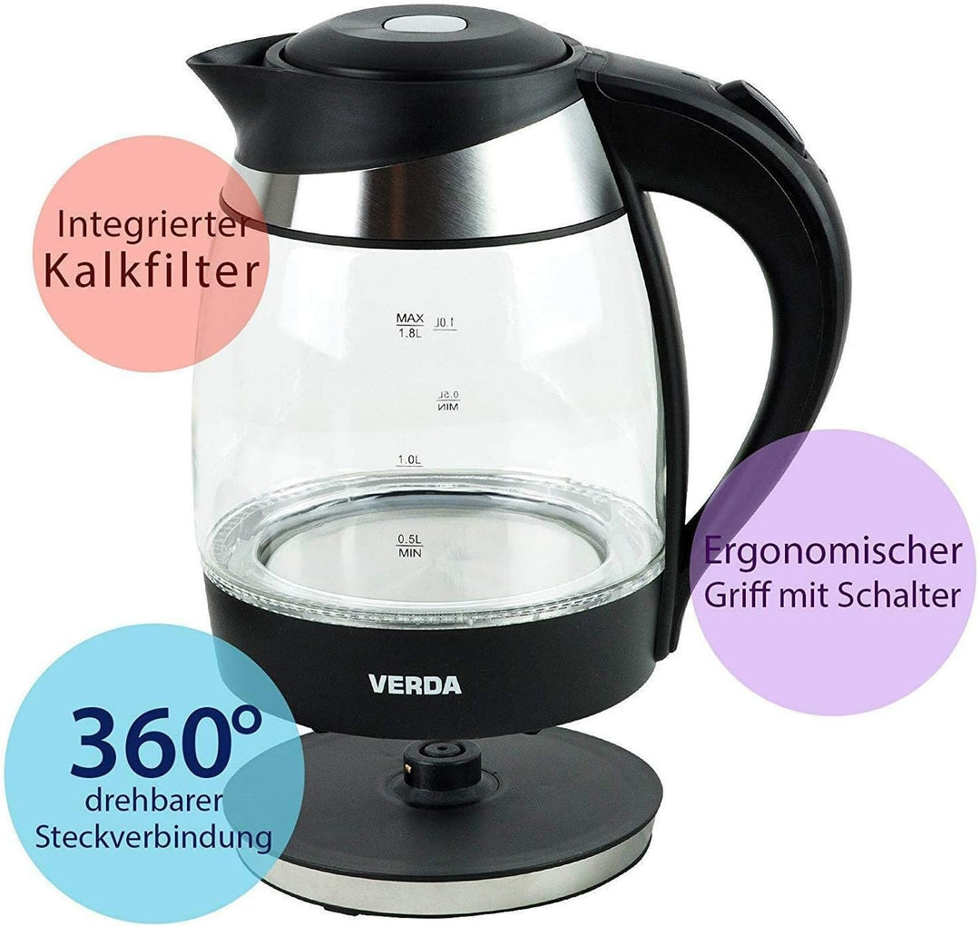 Verda Wasserkocher 1,8L 2200W Edelstahl LED Beleuchtung Kabelloss Glas Kalkfilter, Glas, 360°, 100%