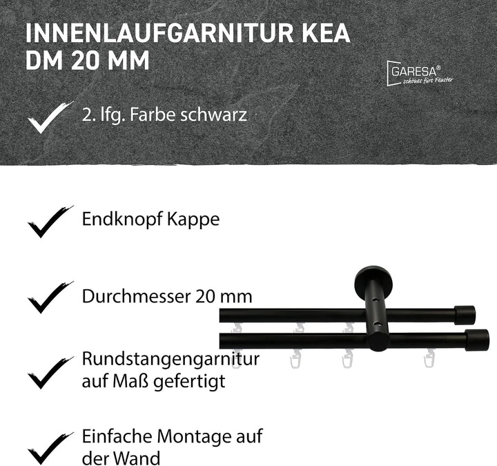 Garesa Gardinenstange Kea Ø 20mm, 2-läufig, Schwarz I Aluminium Vorhangstange inkl. Gleiter I Endkno