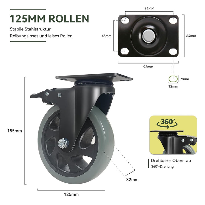BAOLIHUI 125mm Schwerlastrollen Graue 4er Set Möbelrollen Bis zu 800KG, 360 Grad Doppelverriegelung